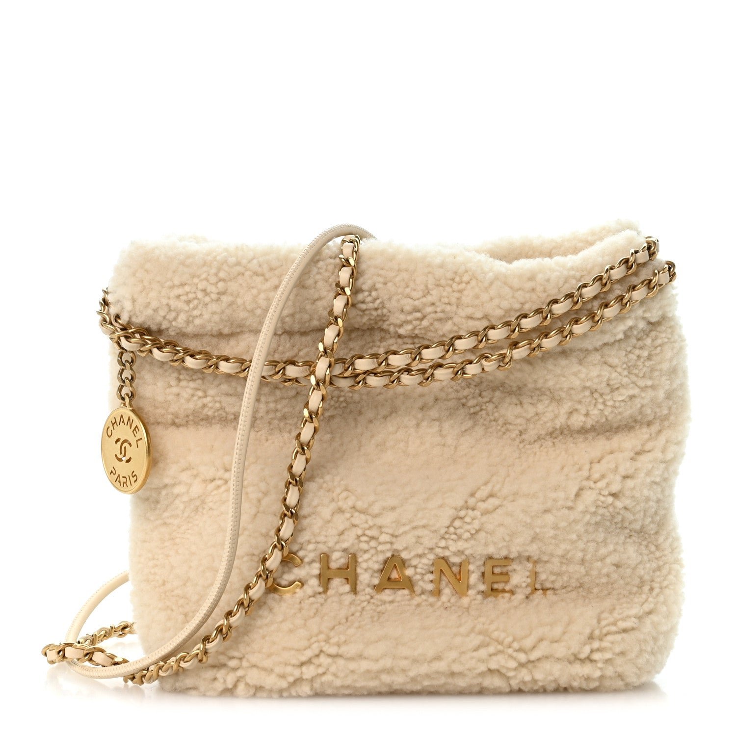 Chanel Shearling Quilted Mini Chanel 22 Ecru