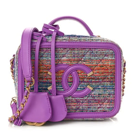 Chanel Tweed Quilted Small CC Filigree Vanity Case Purple Multicolor