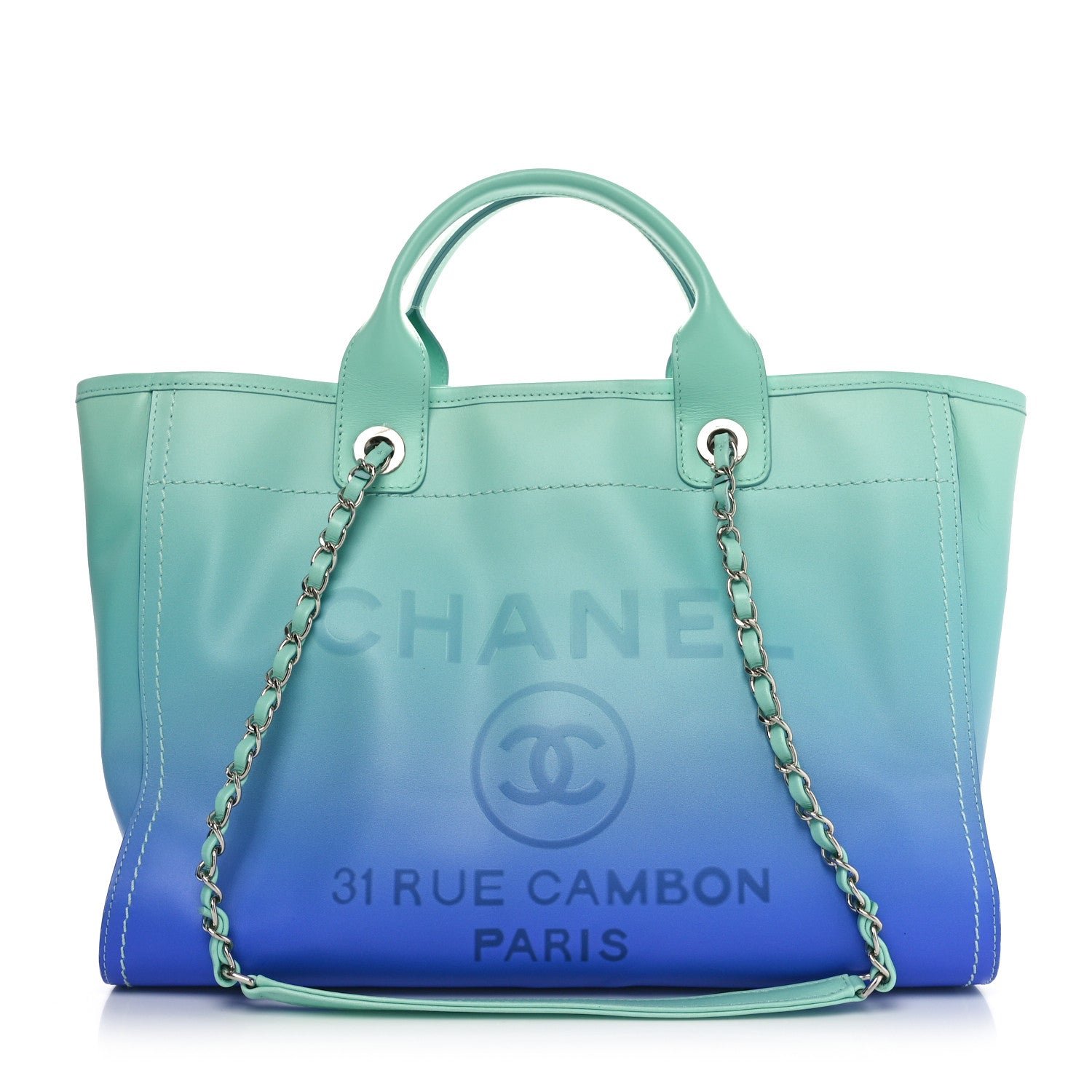 Chanel Shaded Calfskin Small Deauville Tote Light Green Turquoise Purple