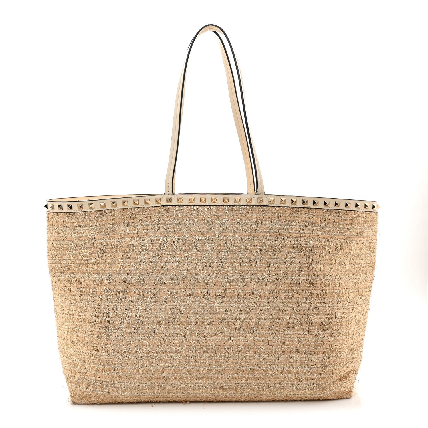 Valentino Garavani Metallic Boucle Raffia Calfskin Rockstud Shoulder Tote White Gold Ivory