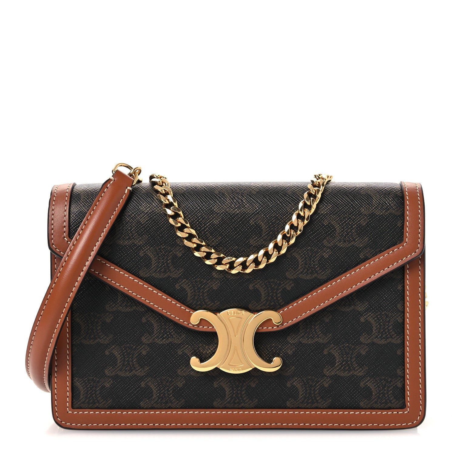 Celine Triomphe Canvas Calfskin Margo Wallet on Chain Tan