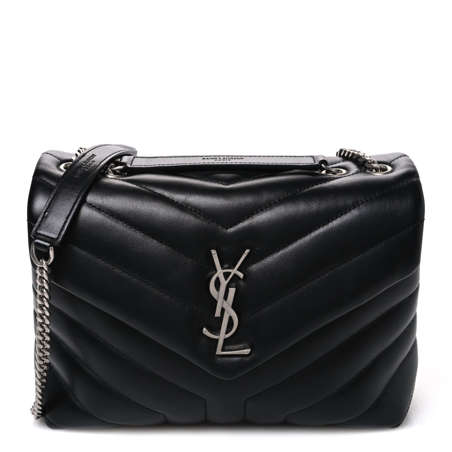 Saint Laurent Calfskin Y Quilted Monogram Small Loulou Chain Satchel Black