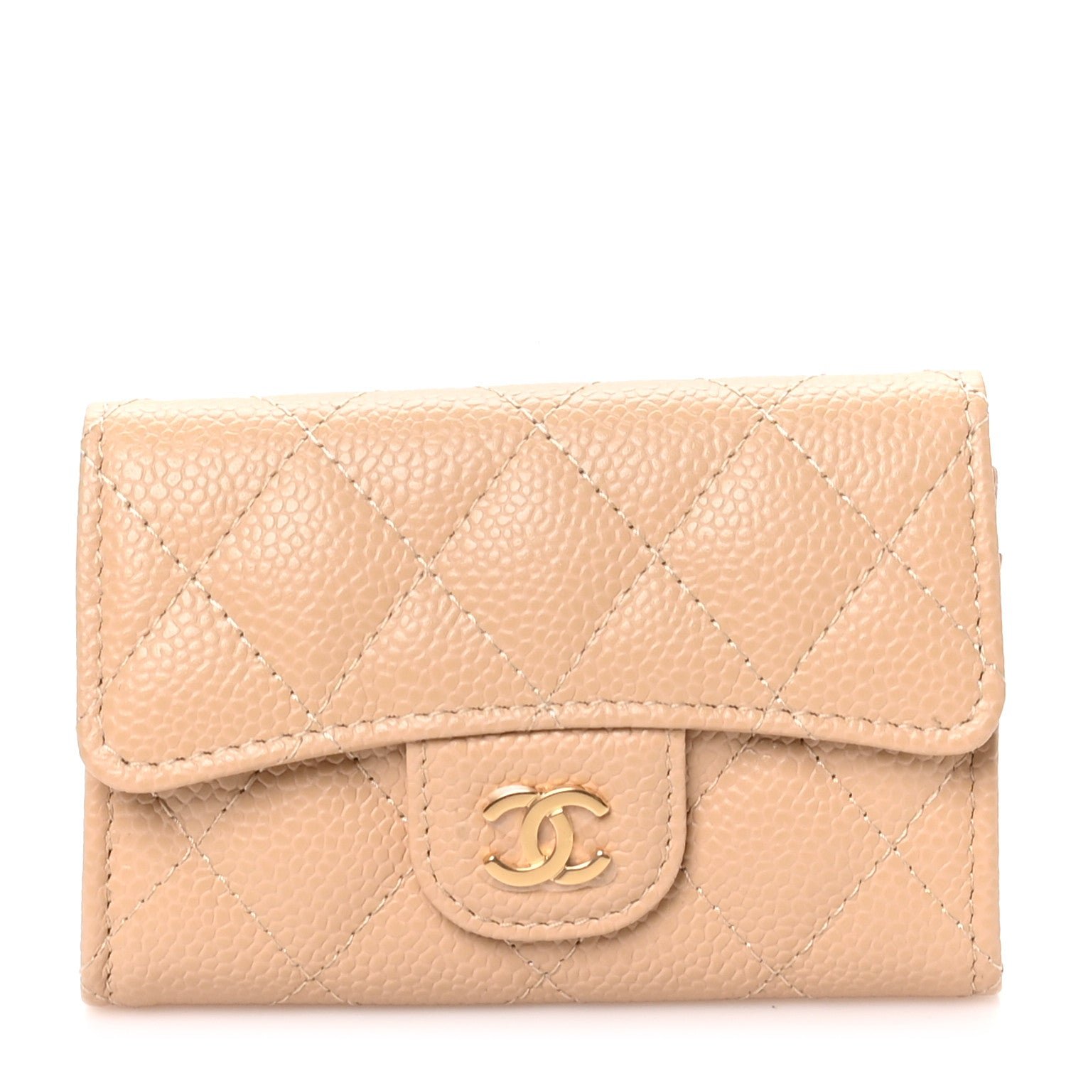 Caviar Quilted Flap Card Holder Wallet Beige