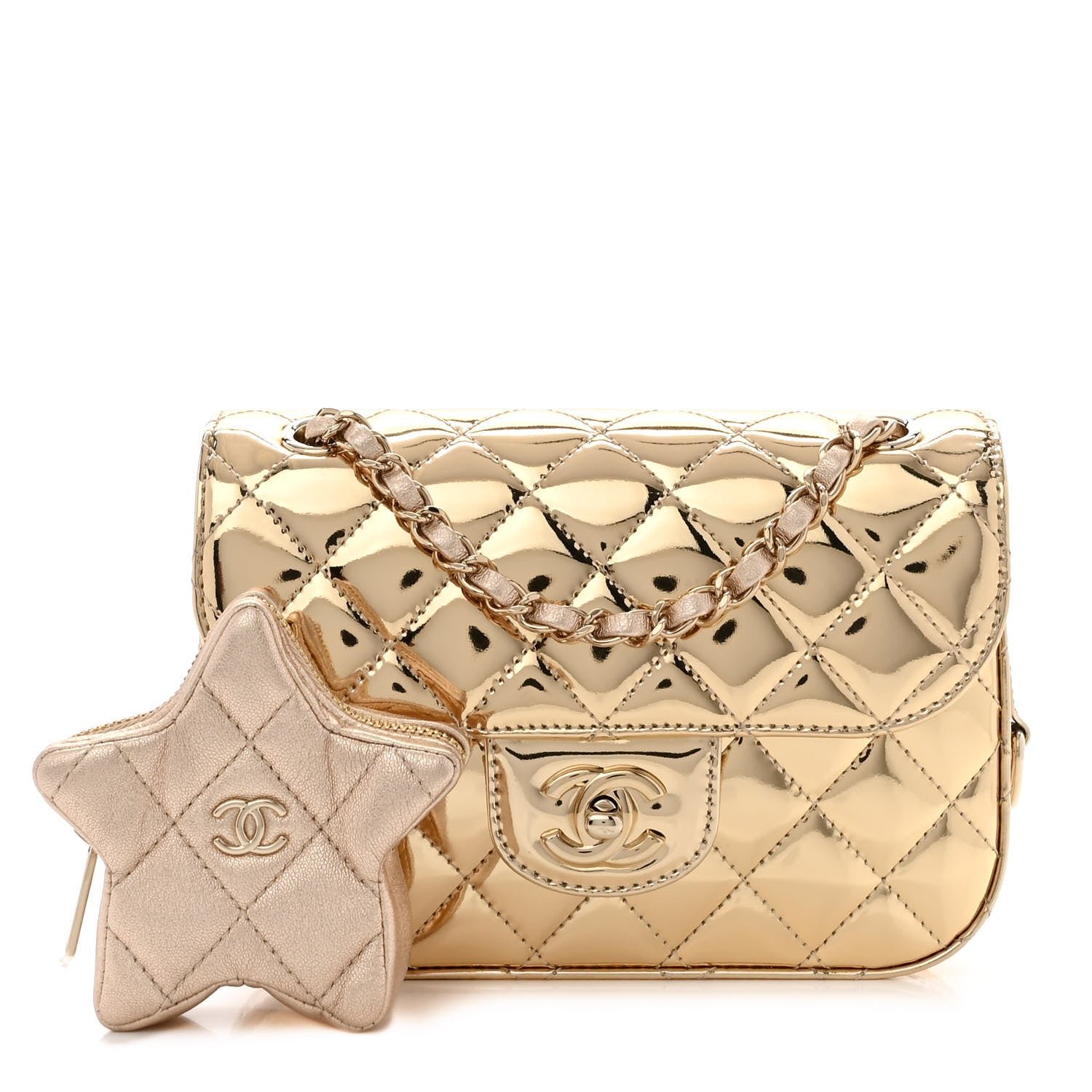 Chanel Mirror Calfskin Metallic Calfskin Quilted Hollywood Boulevard Mini Flap With Star Coin Purse Gold