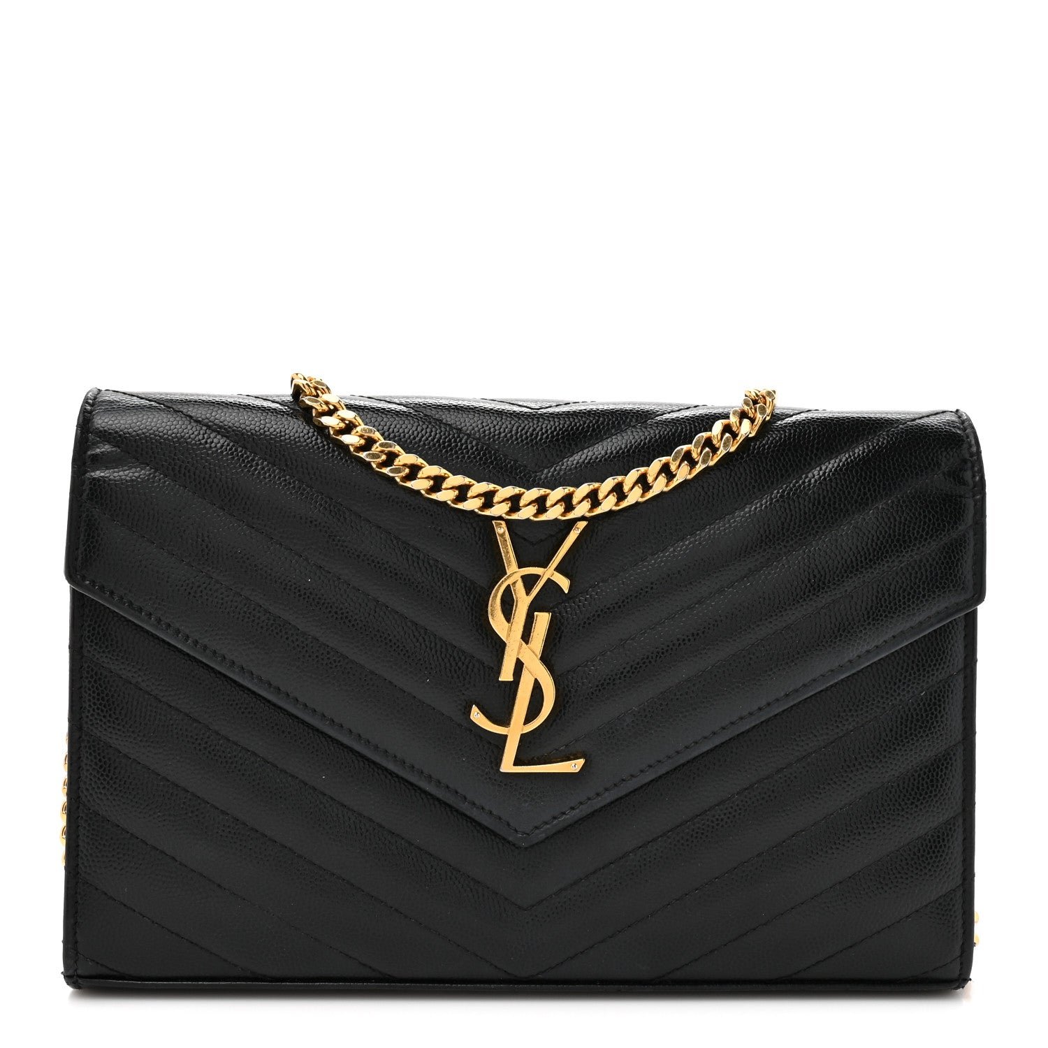 Saint Laurent Grain De Poudre Matelasse Chevron Monogram Chain Wallet Black