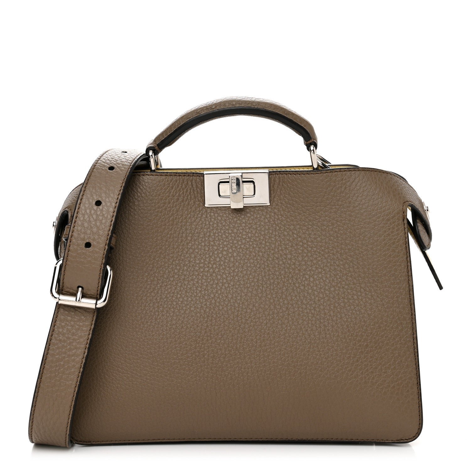 Fendi Cuoio Romano Vitello Cover Glazed Fabric Bi-Color FF 1974 Mini Peekaboo I SEE U Satchel Tartufo Banana Tobacco Moro