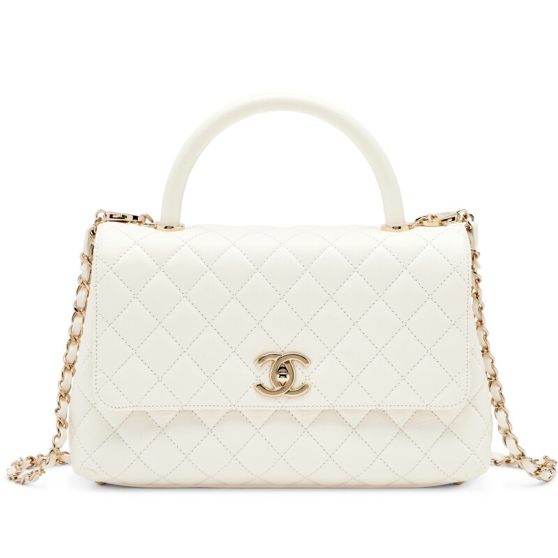 White Quilted Caviar Small Coco Top Handle Light Gold Hardware, 2022
