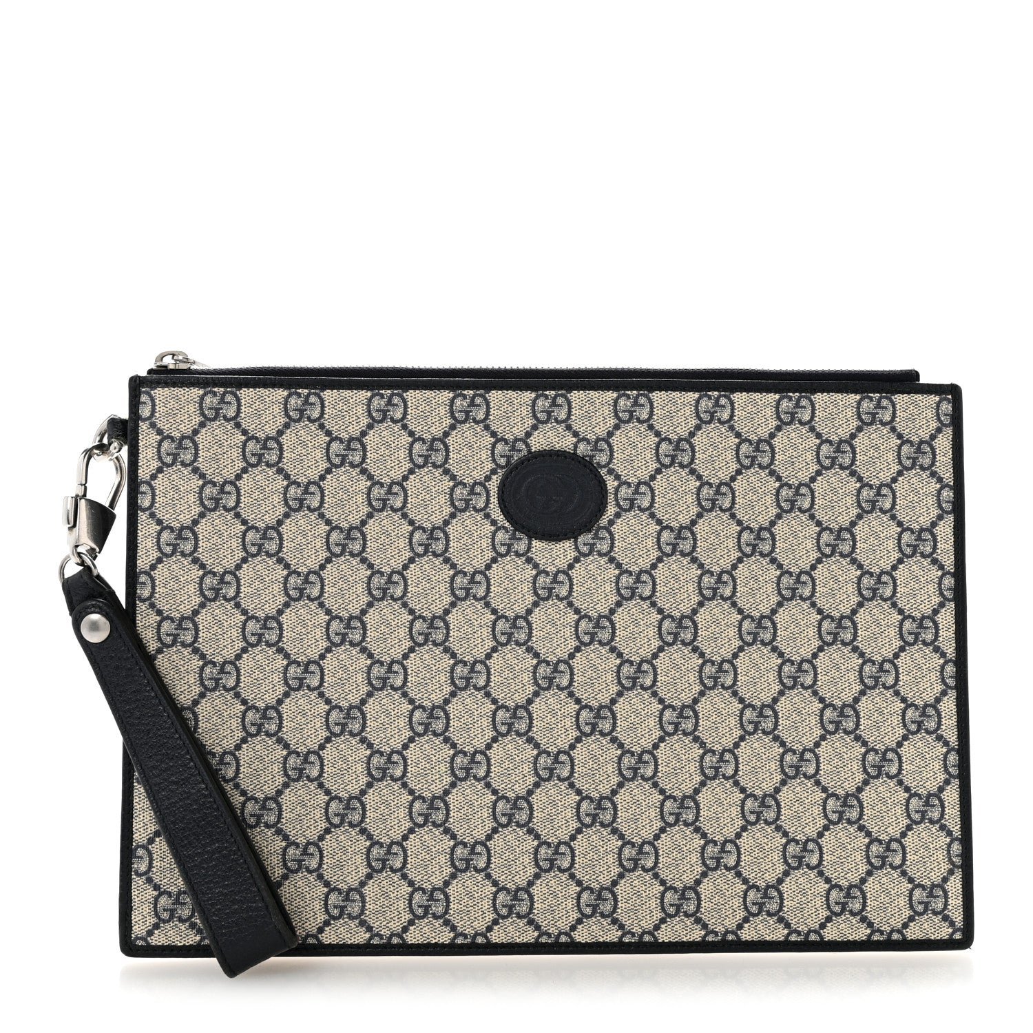Gucci GG Supreme Monogram Textured Dollar Calfskin Retro Interlocking G Wristlet Pouch Beige Blue