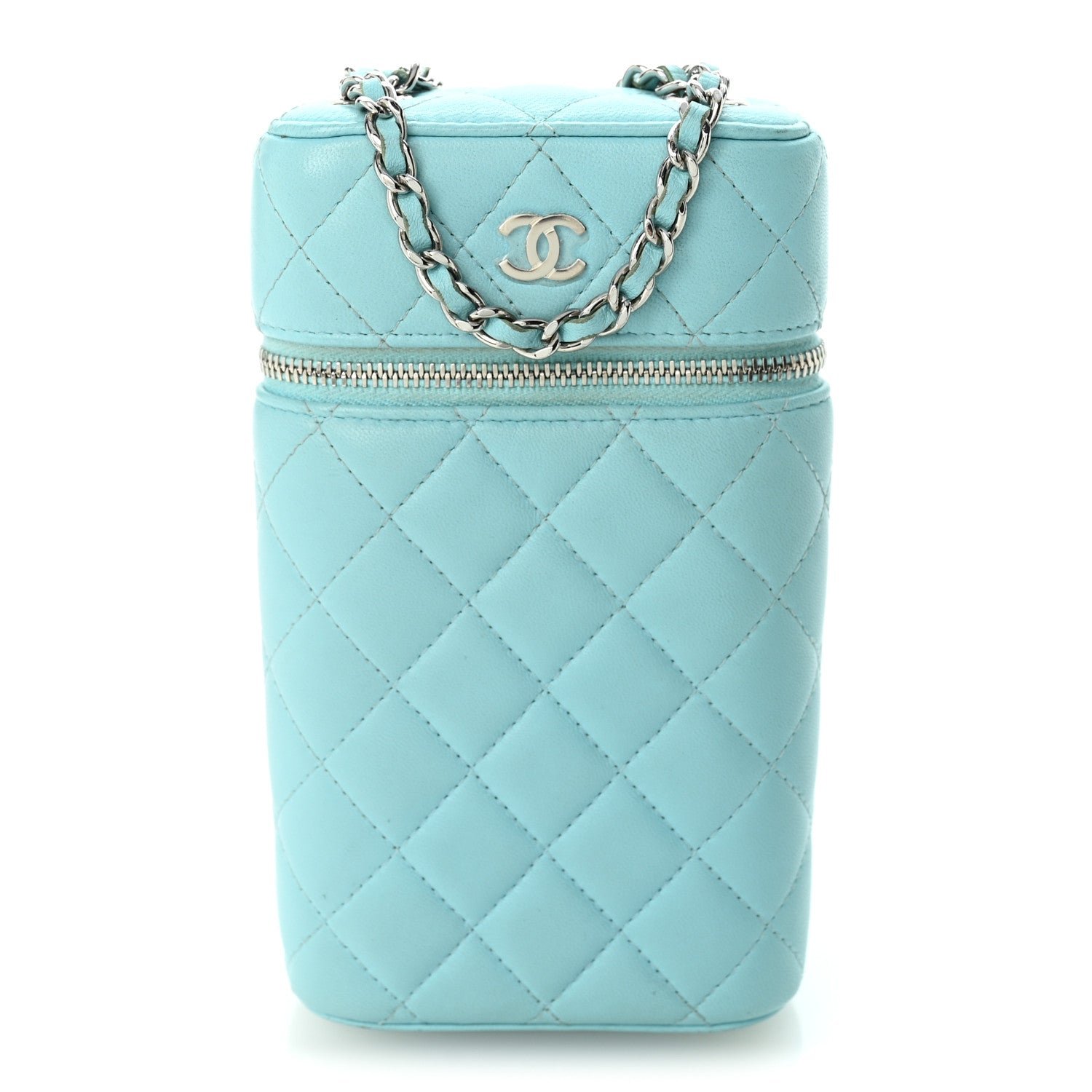 Chanel Lambskin Quilted Phone Holder With Chain Neon Blue