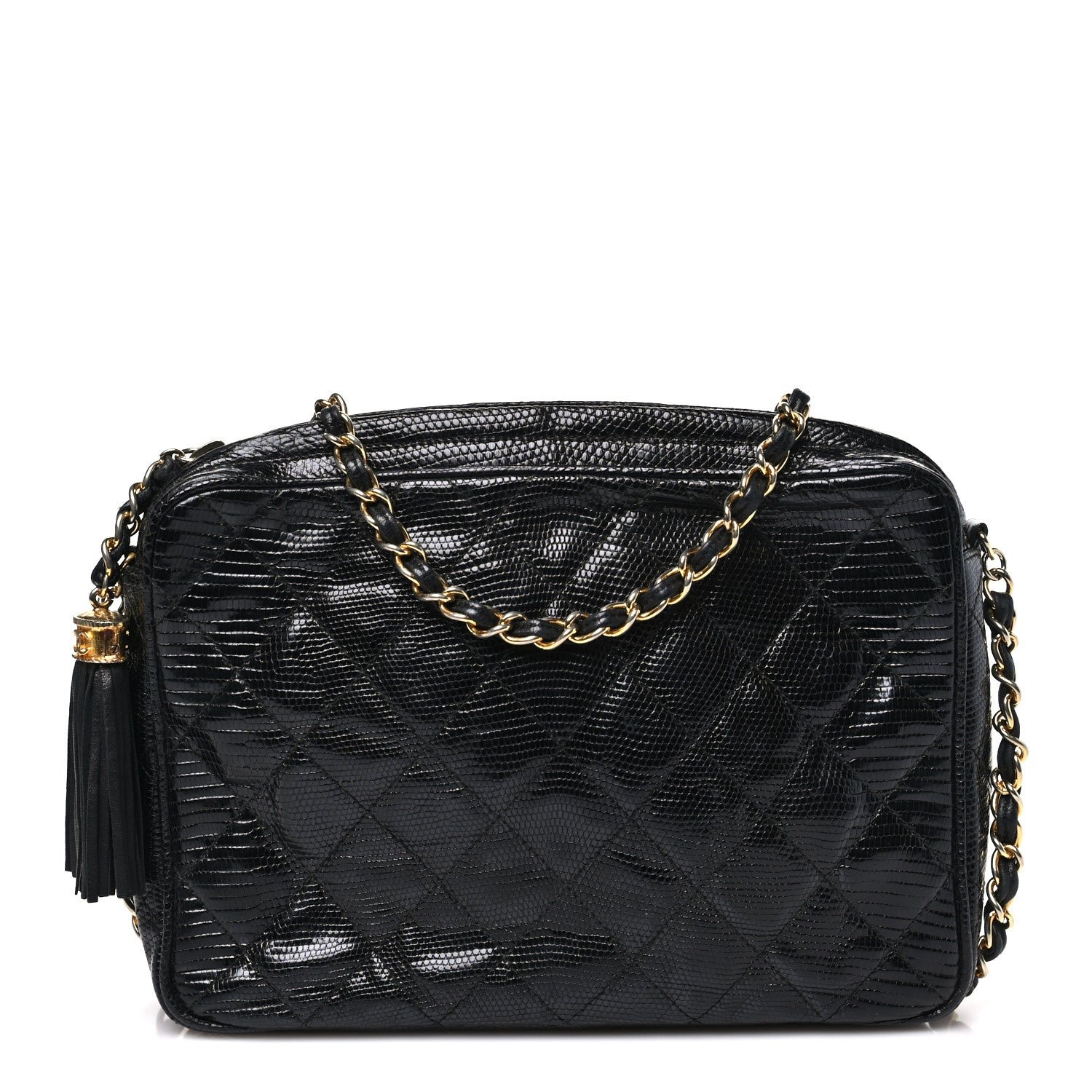 Chanel Lizard Quilted Small Tassel Camera Case Black