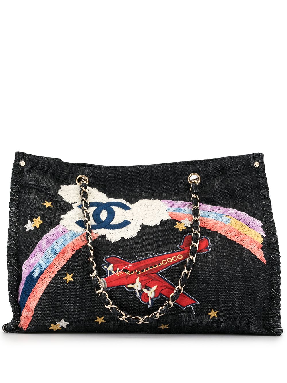 Jumbo XL rainbow airplane embroidered tote