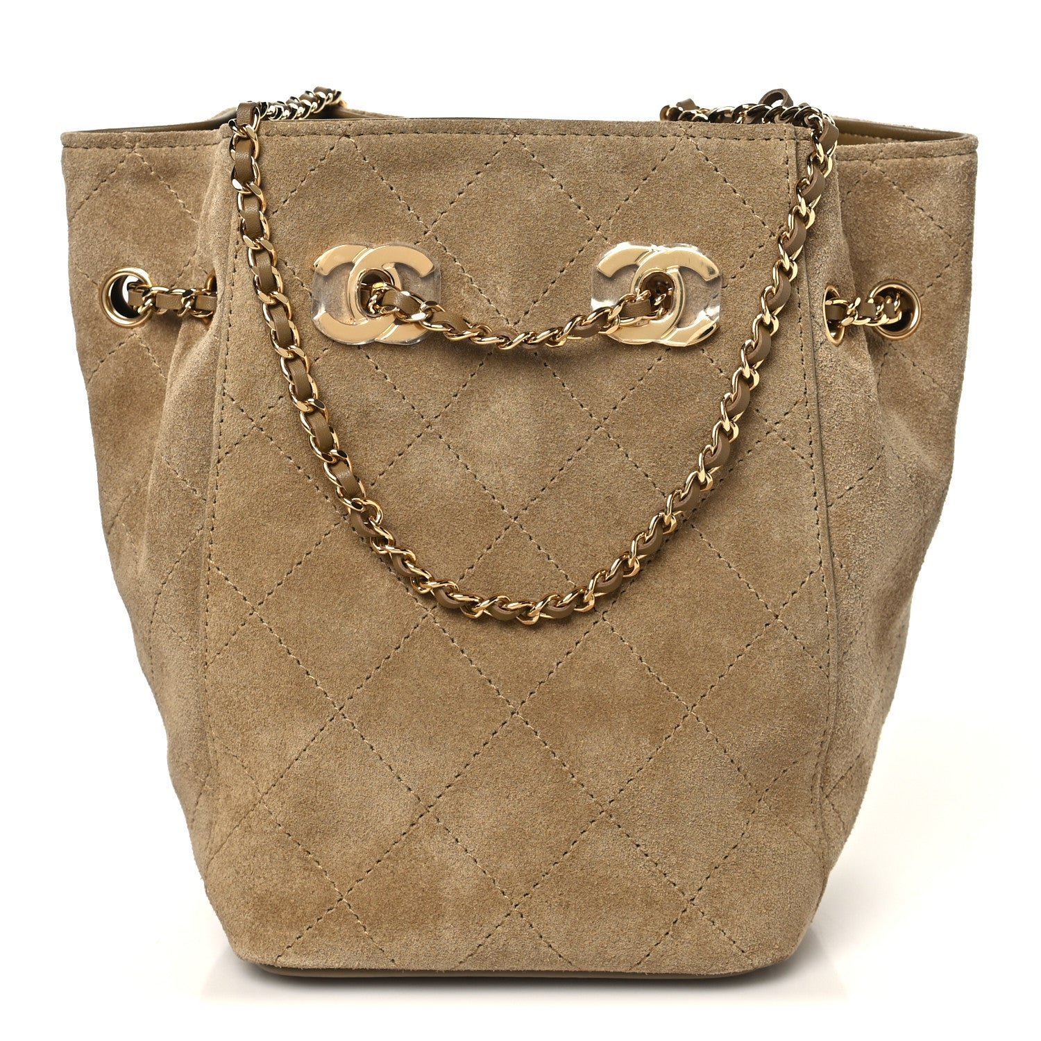 Chanel Suede Calfskin Quilted Mini Bucket Bag With Chain Dark Beige