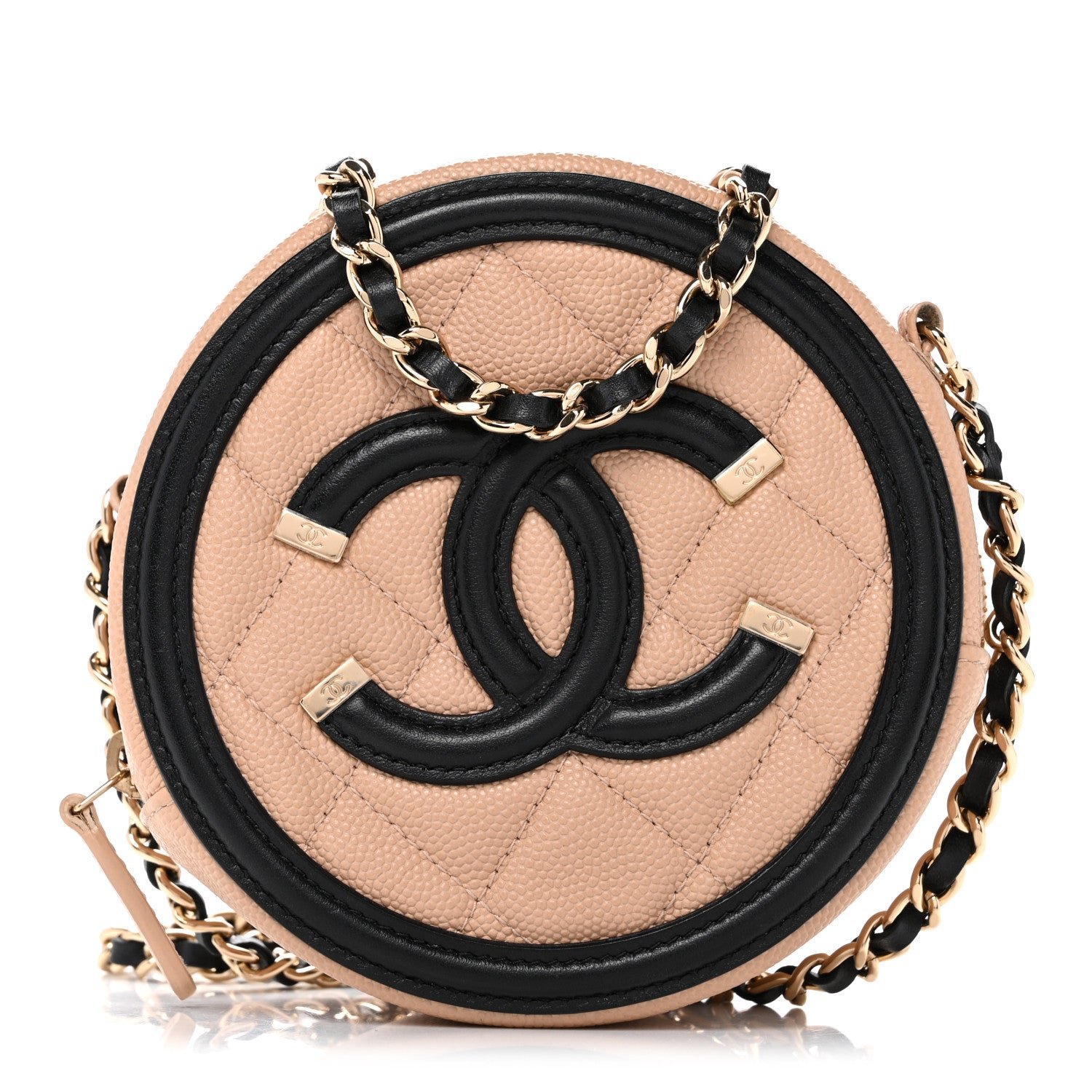 Chanel Caviar Quilted Round Filigree Crossbody Beige Black
