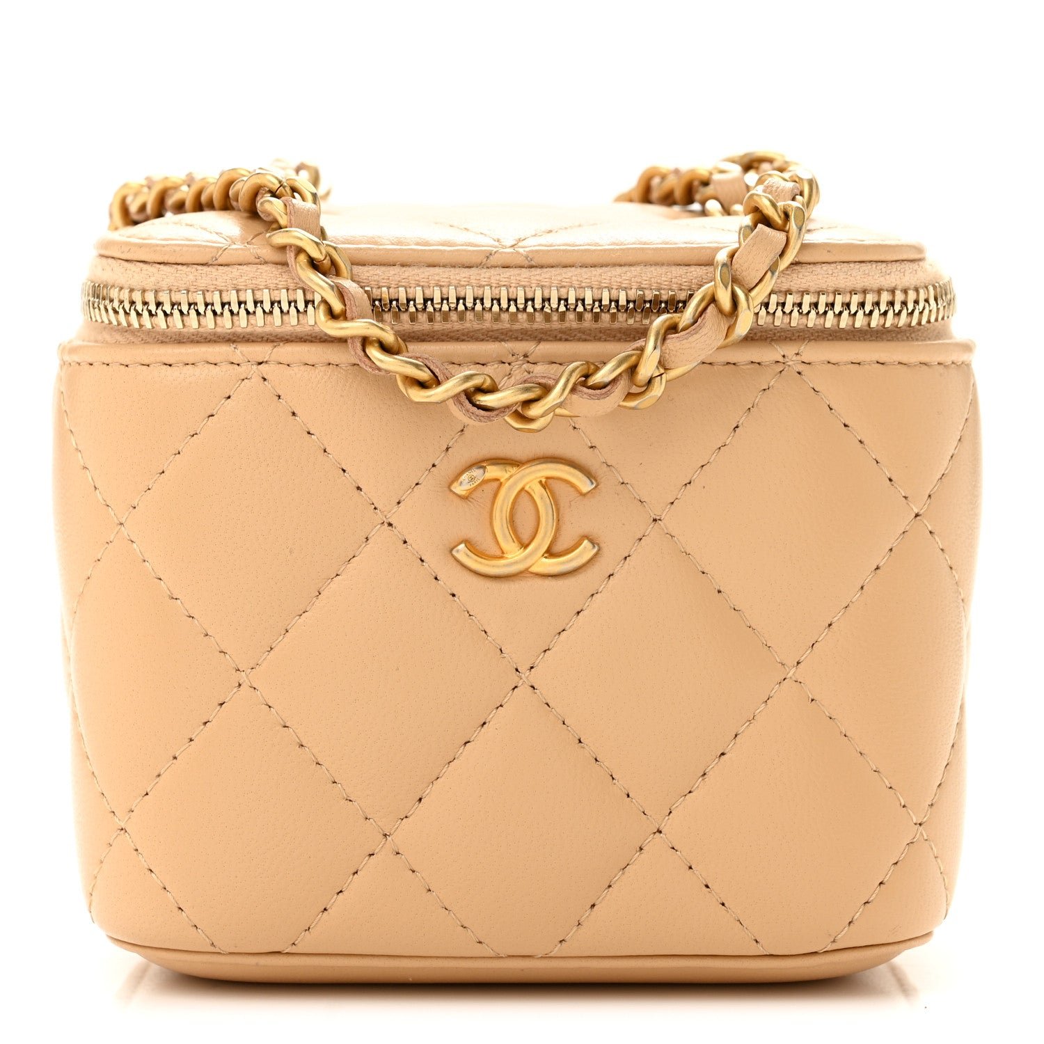 Chanel Lambskin Quilted Pearl Crush Mini Vanity Case With Chain Beige