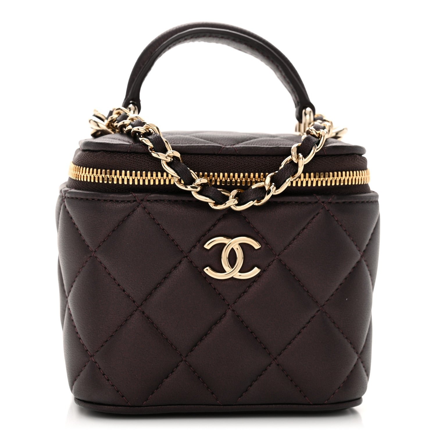 Chanel Iridescent Lambskin Quilted Mini Top Handle Vanity Case With Chain Burgundy