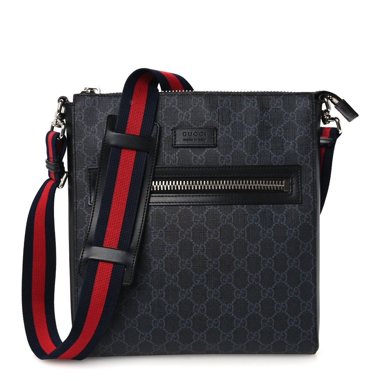 Gucci GG Supreme Monogram Appia Calfskin Web Flat Messenger Bag Black Grey