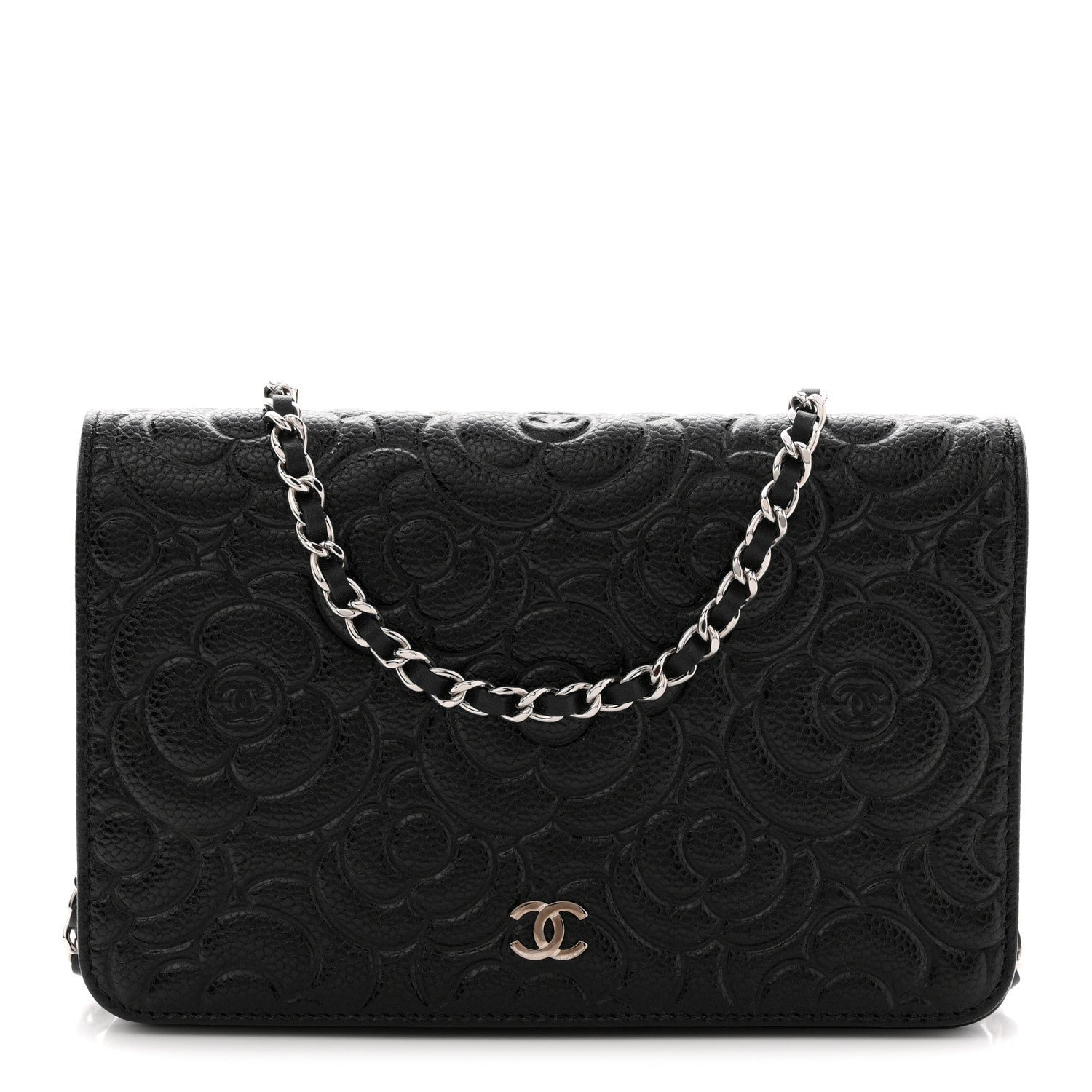 Chanel Caviar Camellia Embossed Wallet On Chain WOC Black