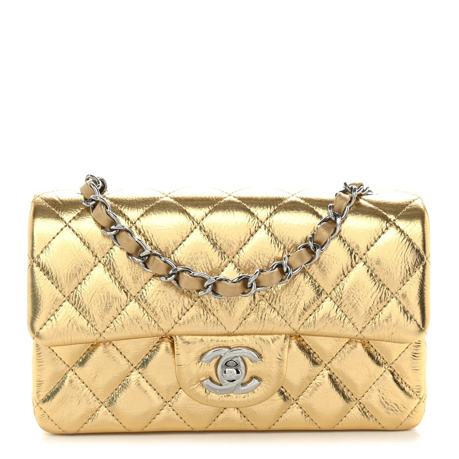 Chanel Metallic Crumpled Calfskin Quilted Mini Rectangular Flap Gold