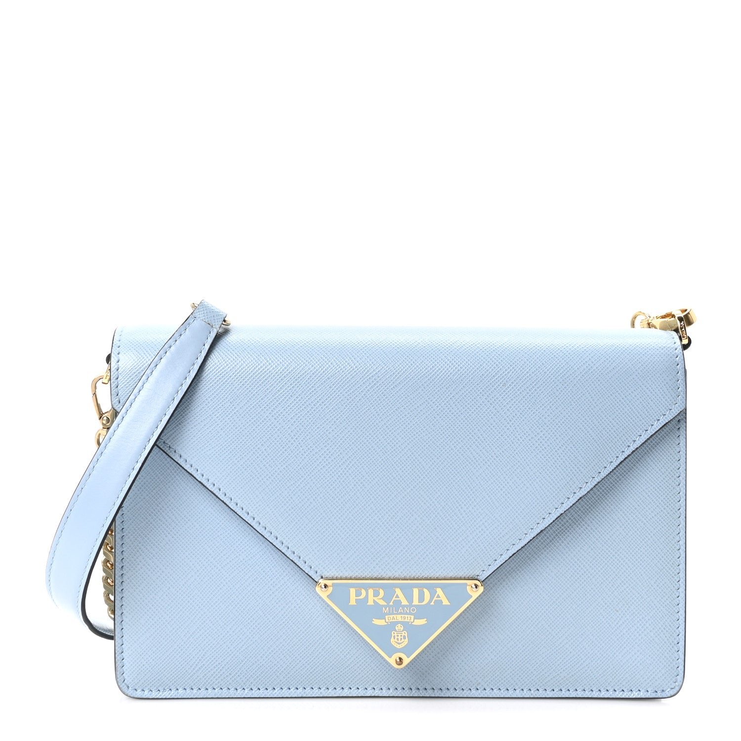 Prada Saffiano Lux Metal Triangle Logo Mini Envelope Chain Shoulder Bag Blue