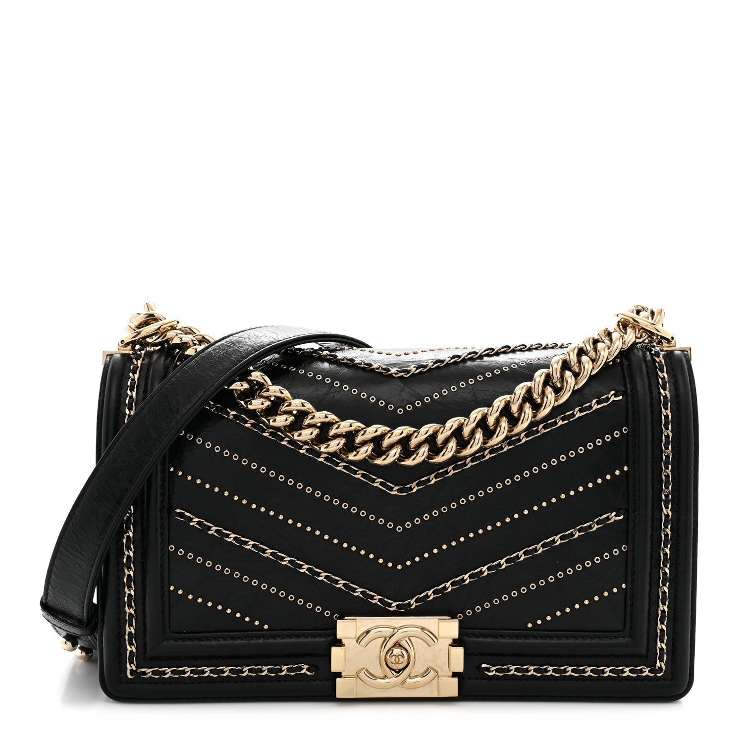 Chanel Crumpled Calfskin Chevron Chain Medium Boy Flap Black