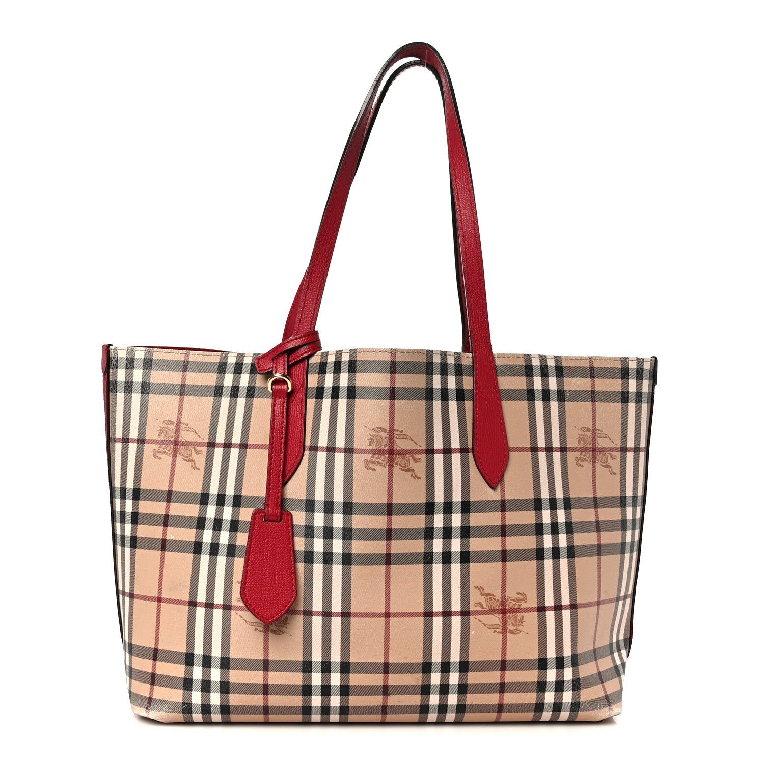 Burberry Burberry Grainy Calfskin Haymarket Check Medium Reversible Tote Red