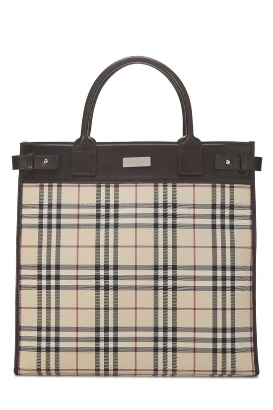 Brown Nylon Check Tote Medium