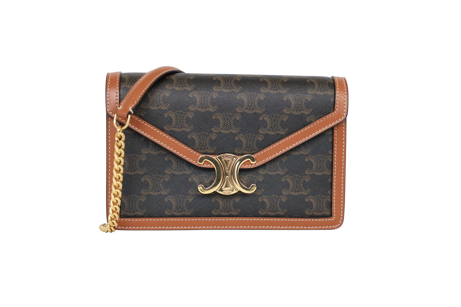 Celine Margo Wallet on Chain Bag, Brown Triomphe Canvas and Tan Calfskin with Gold Hardware, Preowned in Box WA001