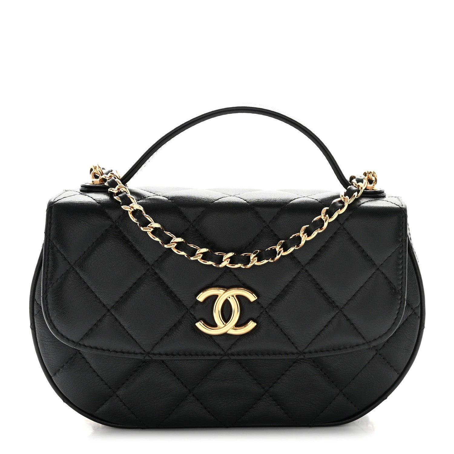 Chanel Shiny Aged Calfskin Quilted Top Handle Clutch With Chain Black