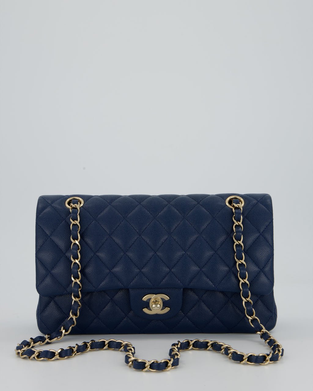 *HOT* Chanel Cobalt Blue Classic Medium Double Flap Bag in Caviar Leather with Champagne Gold Hardware
