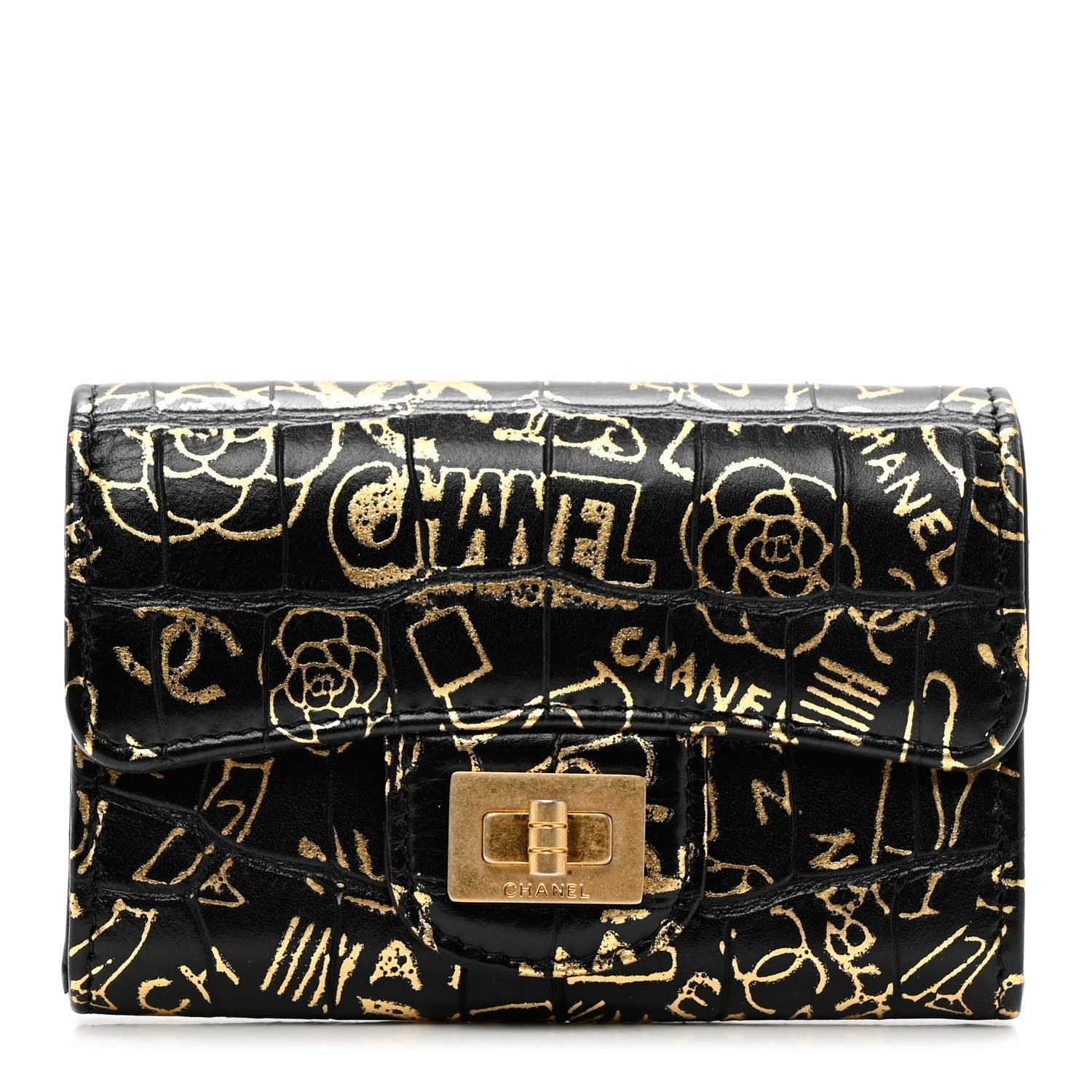 Chanel Calfskin Crocodile Embossed Graffiti 2.55 Cocodile Reissue Flap Card Holder Black Gold