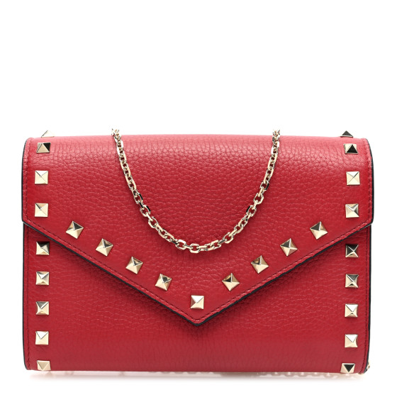 Valentino Garavani Pebbled Calfskin Rockstud Envelope Wallet on Chain Rubino