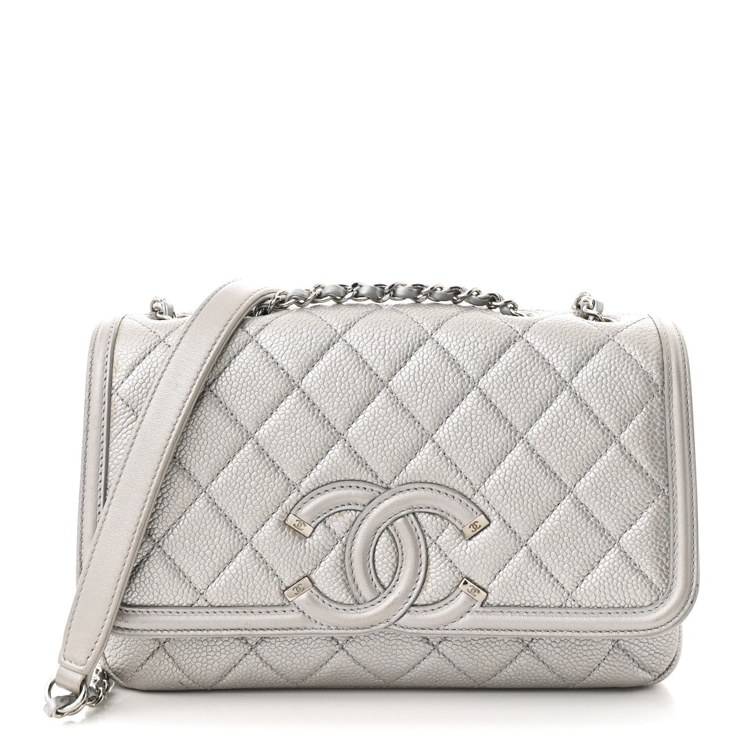Chanel Metallic Caviar Quilted Small CC Filigree Flap Silver