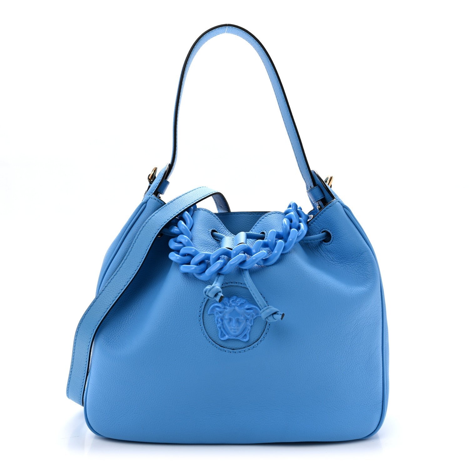 Versace Versace Grained Calfskin La Medusa Bucket Bag Blue