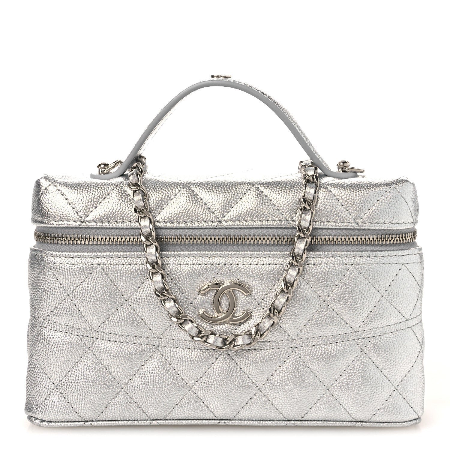 Chanel Metallic Caviar Quilted Trendy Handle Slim Vanity Silver