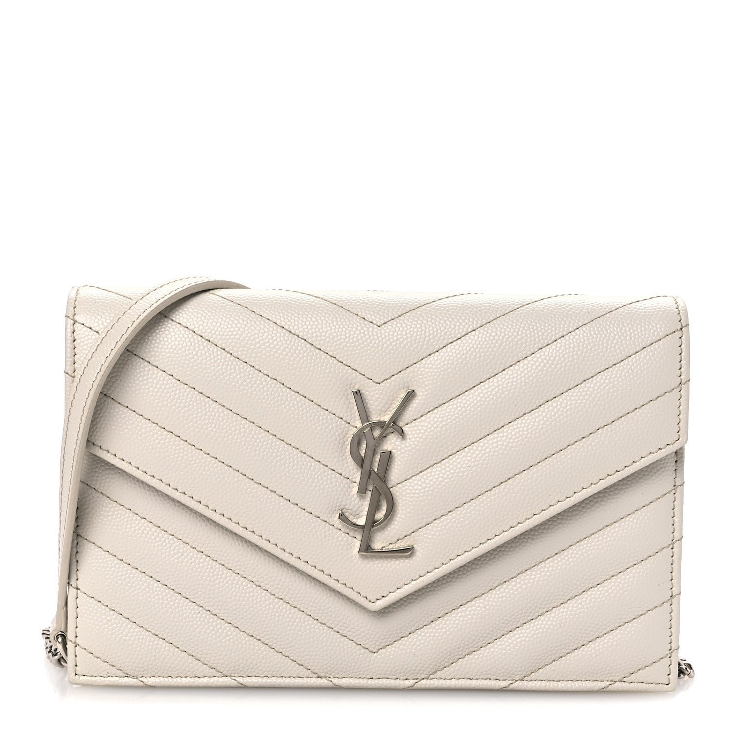 Saint Laurent Grain De Poudre Matelasse Chevron Monogram Envelope Chain Wallet Optical White