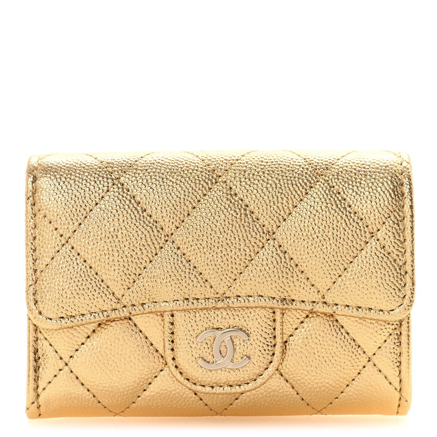 Chanel Metallic Caviar Quilted Flap Card Holder Wallet Gold