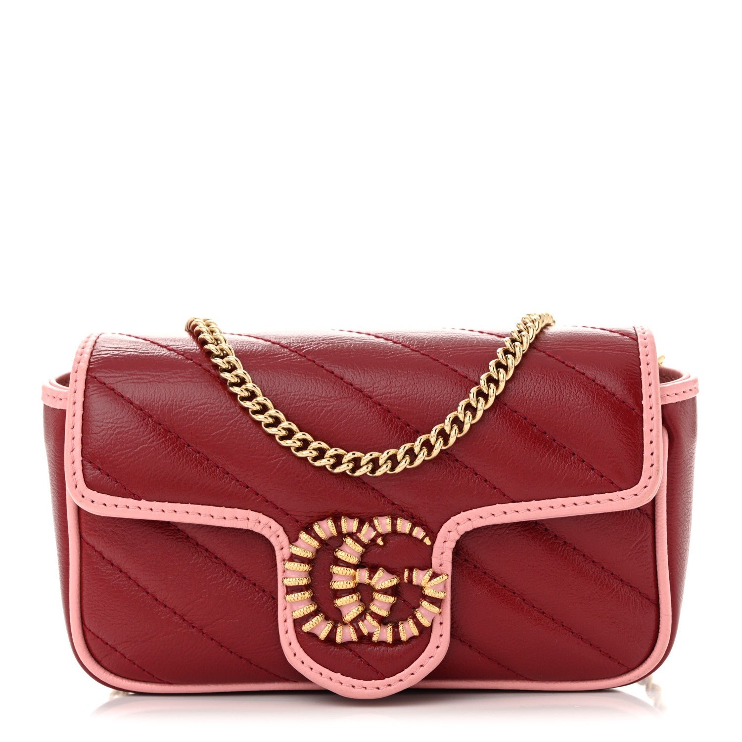 Gucci Azalea Calfskin Enamel Matelasse Diagonal Super Mini Torchon GG Marmont Shoulder Bag New Cherry Red Wild Rose