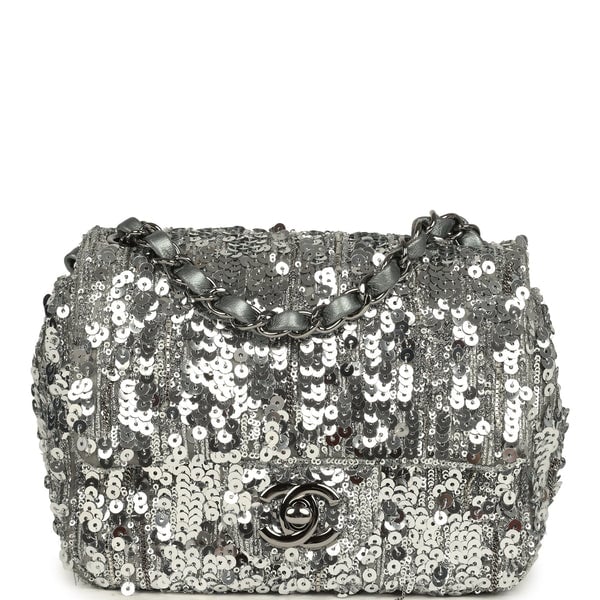 Pre-owned Chanel Mini Classic Square Flap Bag Metallic Silver Sequins Ruthenium Hardware