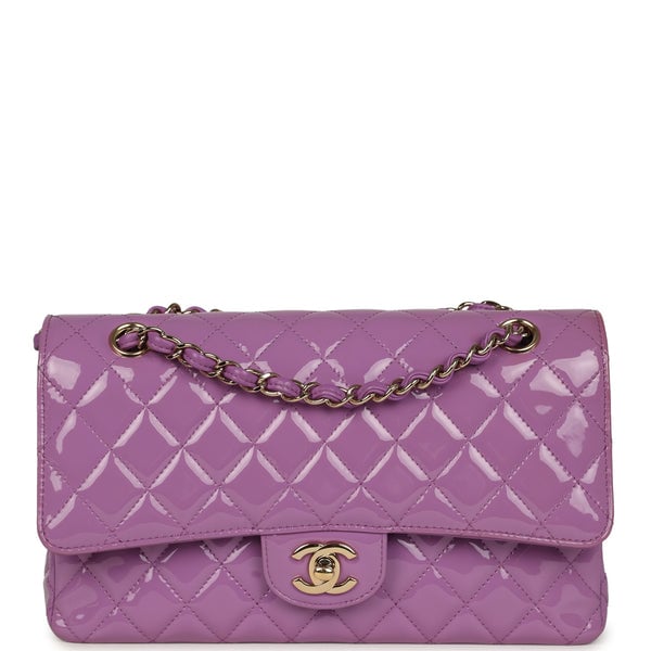 Pre-owned Chanel Medium Classic Double Flap Bag Purple Patent Gold Hardware