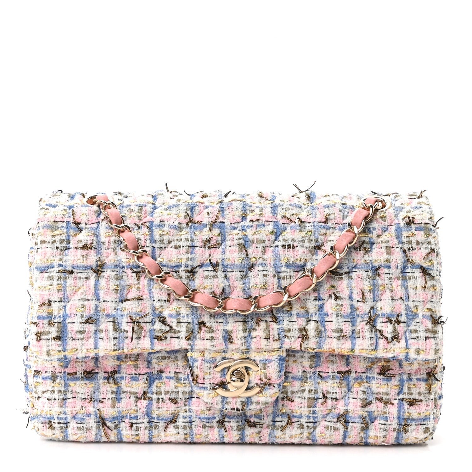 Chanel Tweed Quilted Medium Double Flap Blue Pink Gold White
