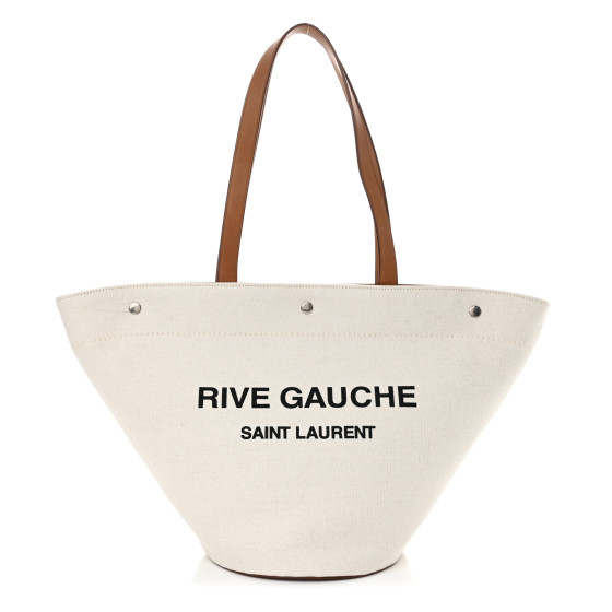 Saint Laurent Canvas Calfskin Rive Gauche Trapezoid Tote Beige