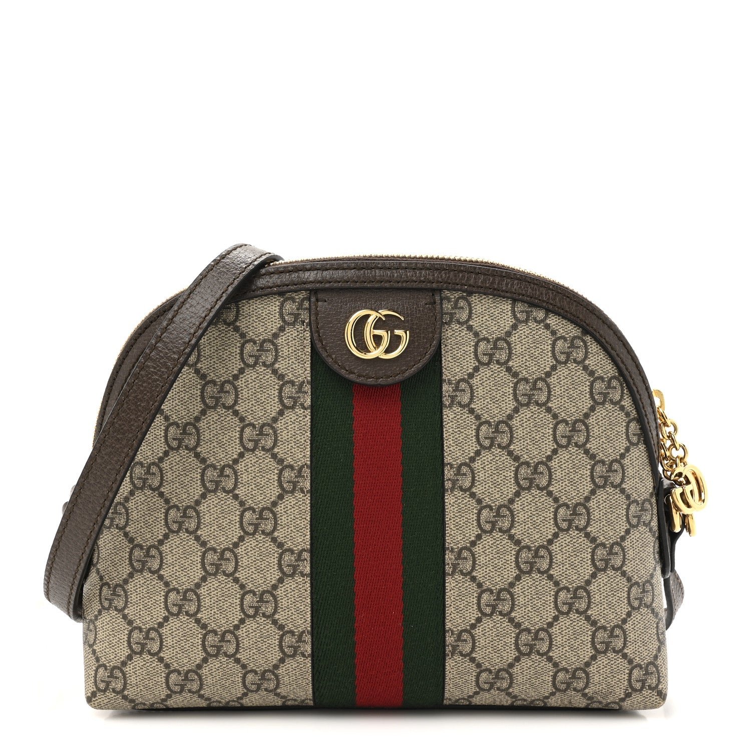 Gucci GG Supreme Monogram Textured Dollar Calfskin Web Small Ophidia Dome Shoulder Bag Beige Ebony New Acero
