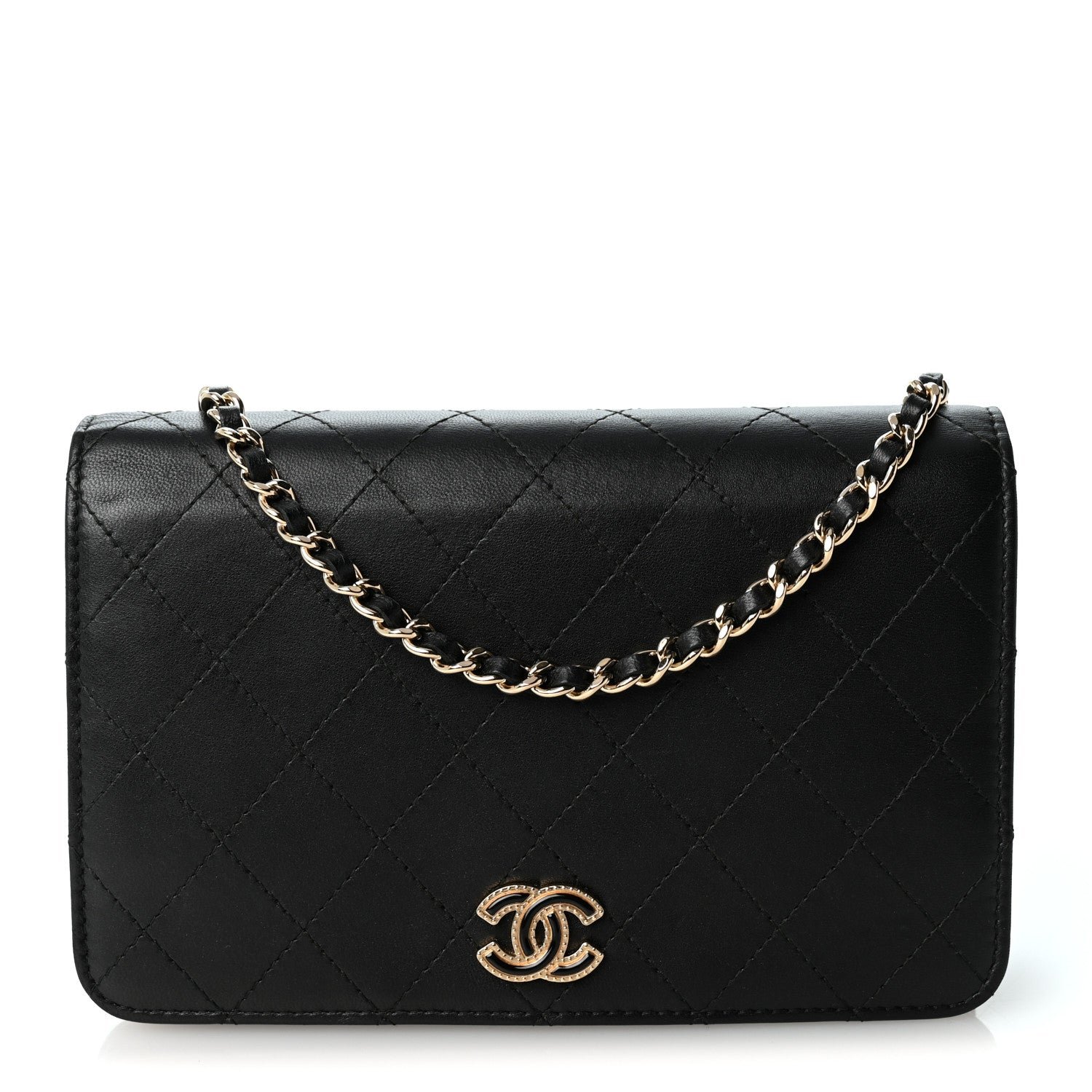 Chanel Lambskin Quilted Enamel CC Wallet on Chain WOC Black