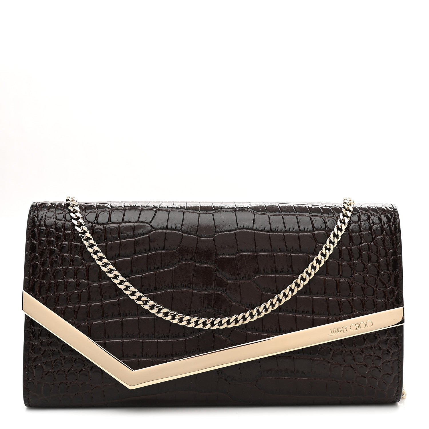 Jimmy Choo Calfskin Crocodile Embossed Emmie Clutch Bag Chocolate