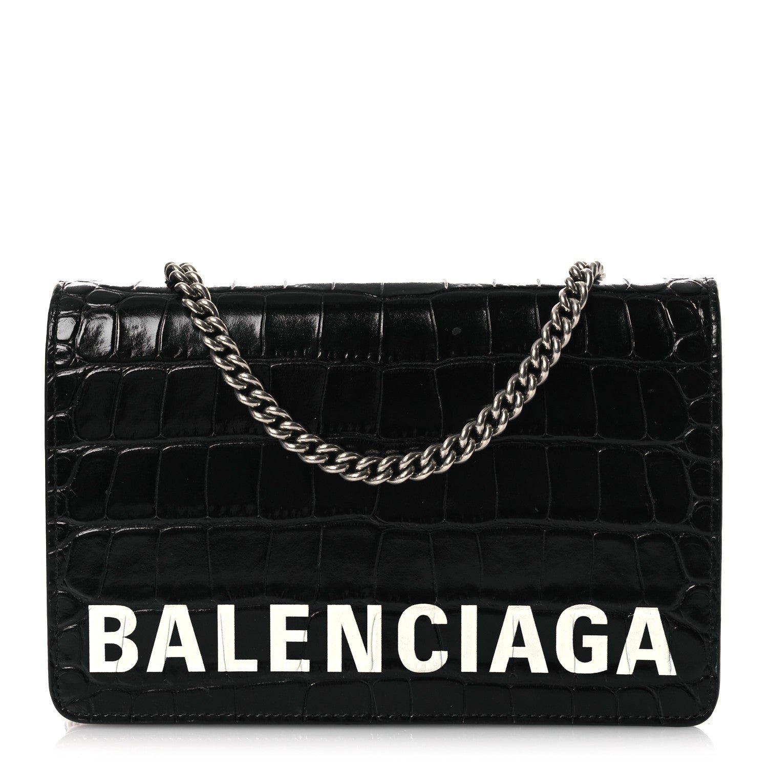 Balenciaga Balenciaga Shiny Calfskin Logo Crocodile Embossed Ville Wallet on Chain Black