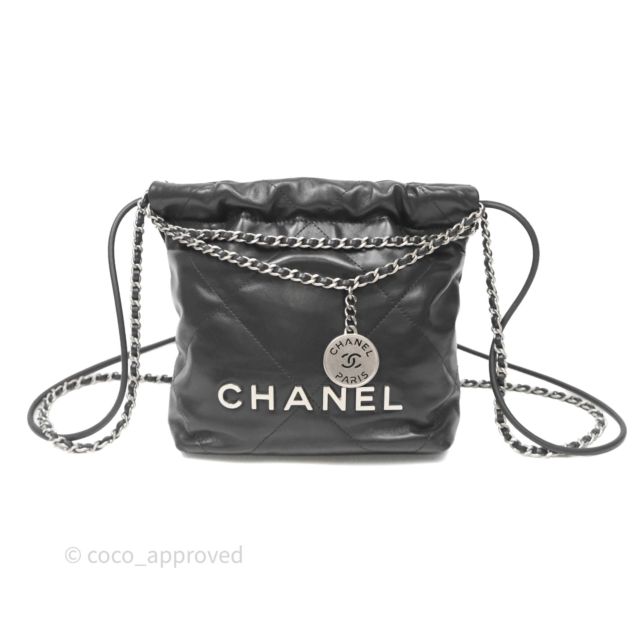 Chanel 22 Mini Bag Dark Grey Shiny Crumpled Calfskin Matte Silver Hardware