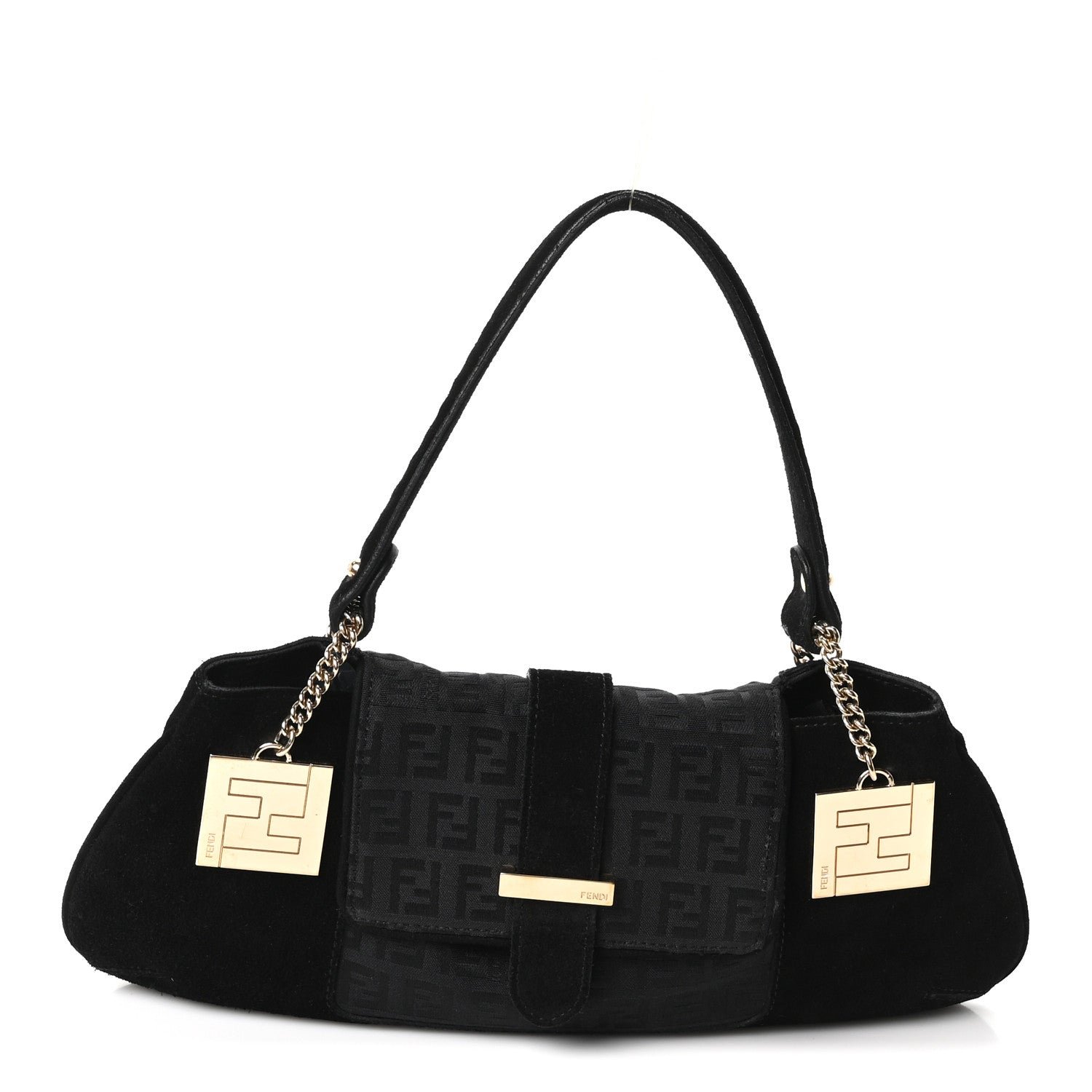 Fendi Suede Zucchino FF Shoulder Bag Black