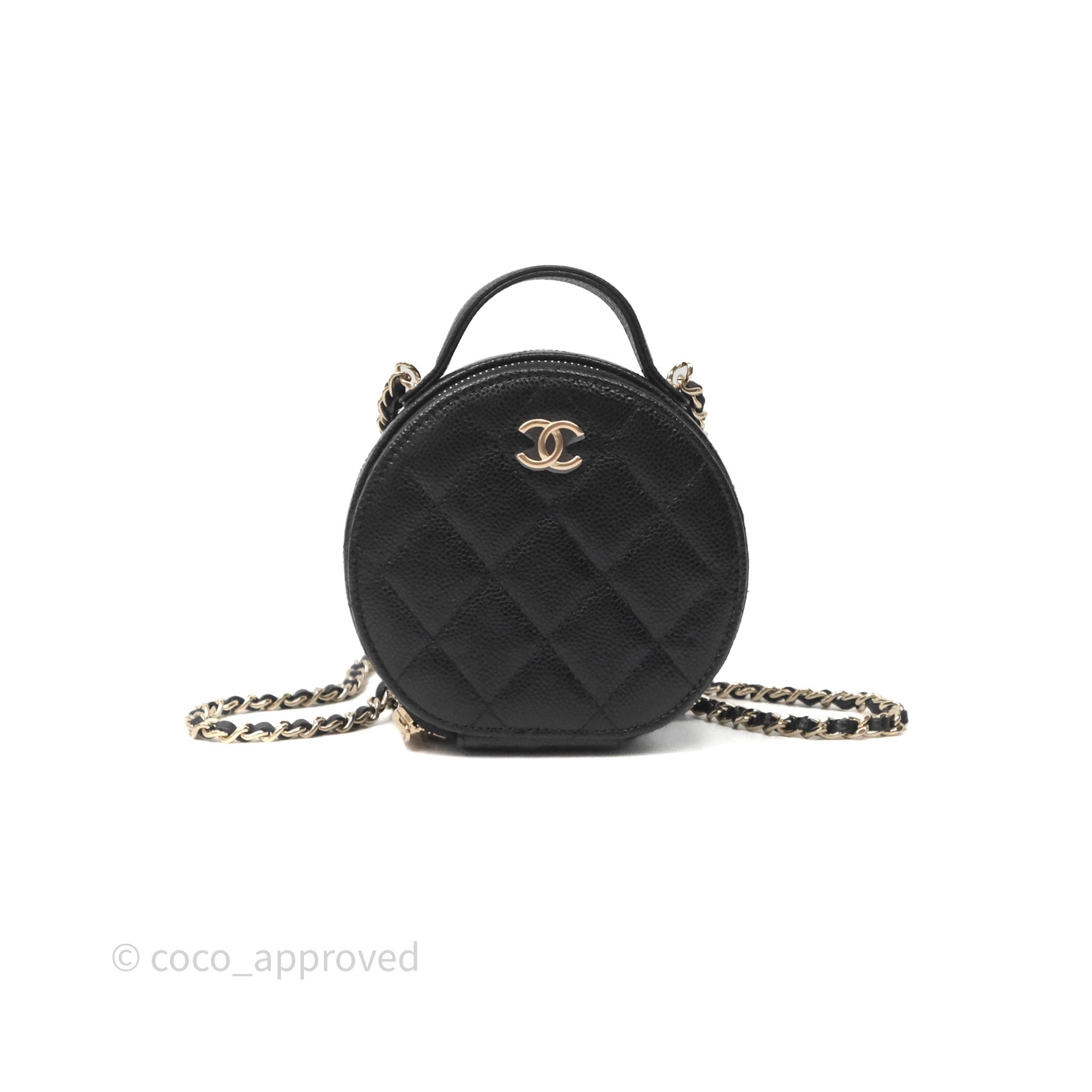Chanel Mini Round Vanity Bag Handle With Care Black Caviar Gold Hardware