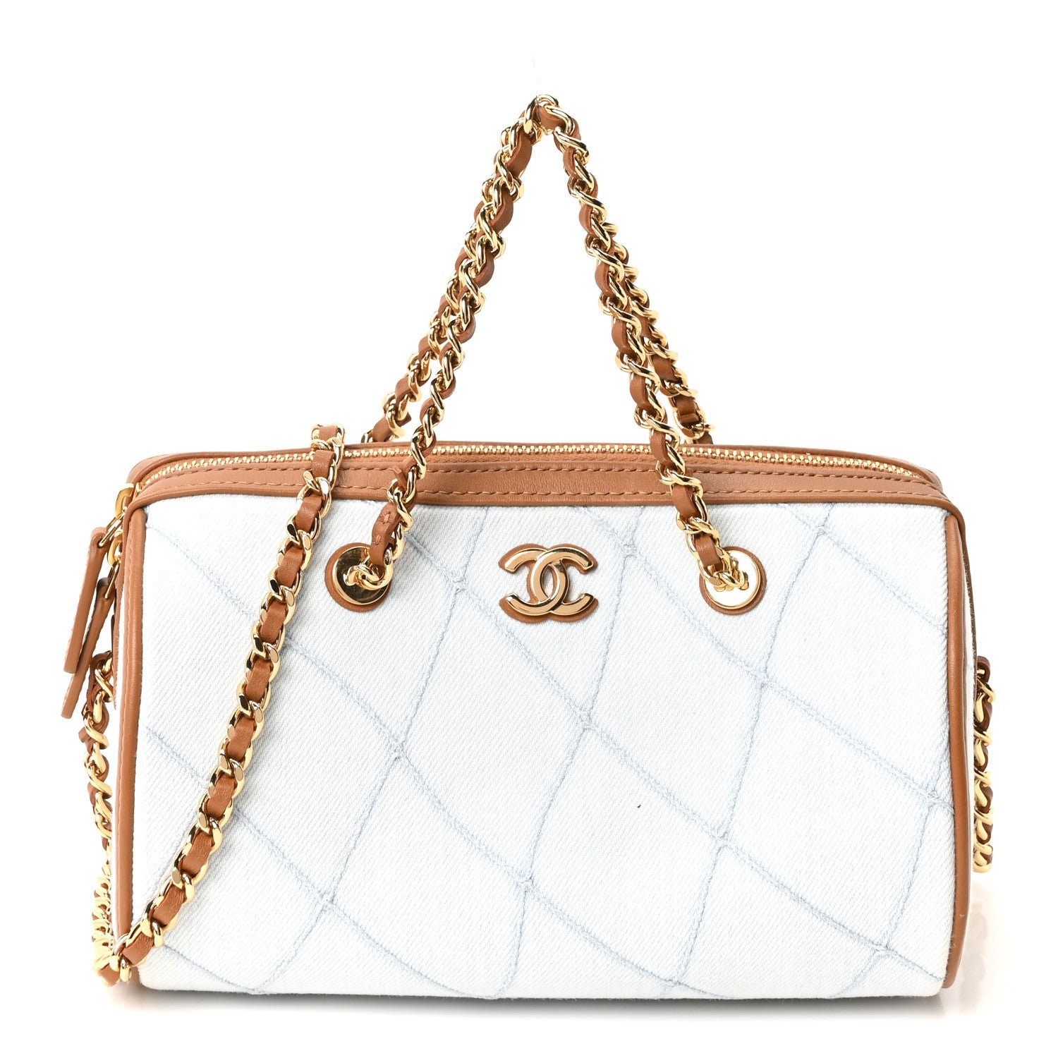 Denim Calfskin Quilted Coco Beach Barrel Clutch With Chain Light Blue Brown