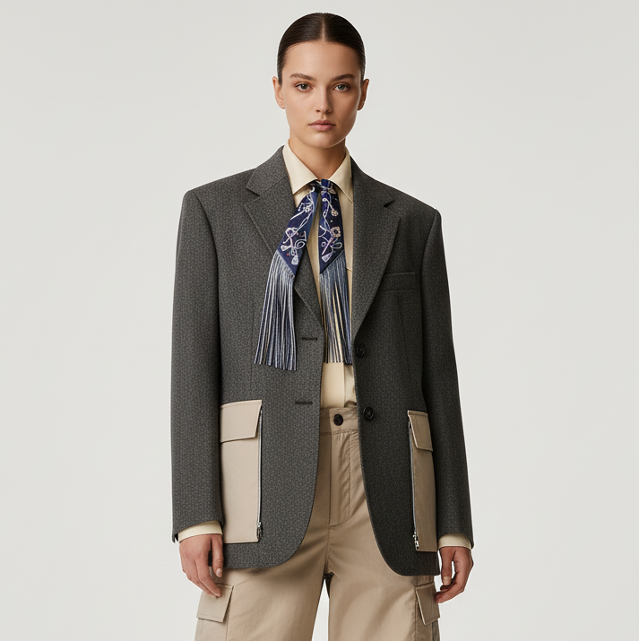 Hermes Hermès Les Clés à Pois Leather Fringes Twilly Bleu Marine/Gris Argent Silk